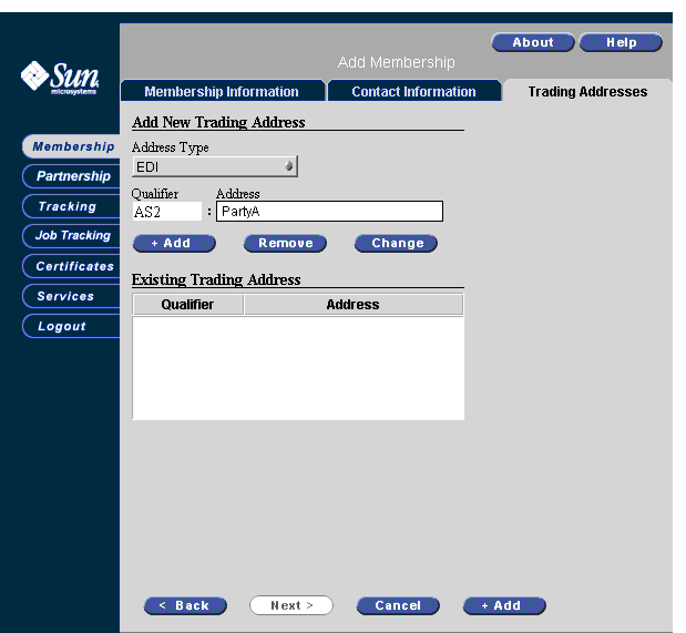 Screen capture of the Add New Trading Address activity.