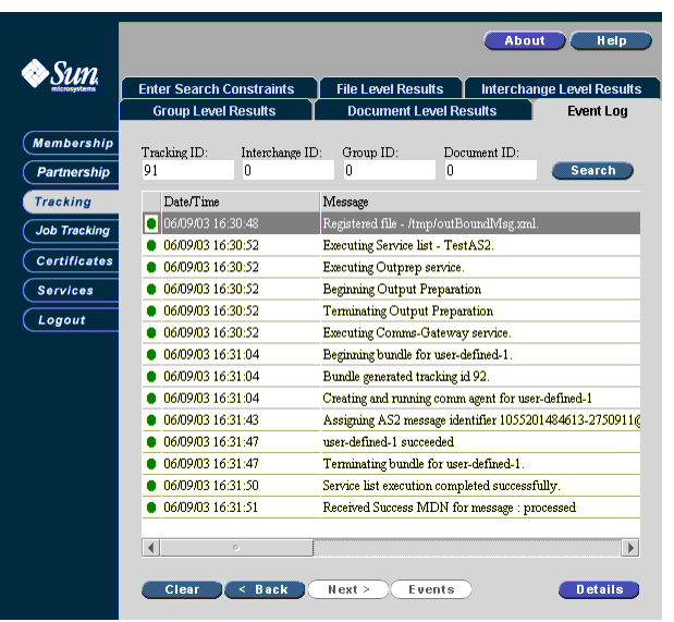 Screen capture of Event log tracking.