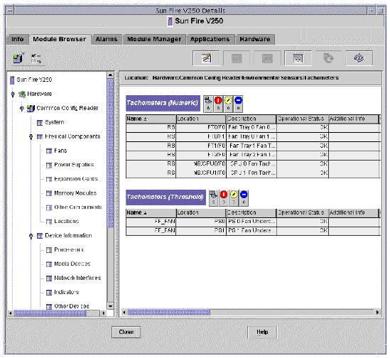 Screen shot of a browser view for the Sun Fire V250 showing physical components, device information and environmental sensors.