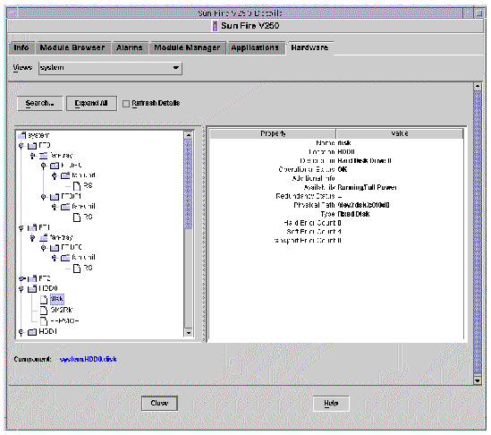 Screen shot of part of the logical view for the Sun Fire V250.