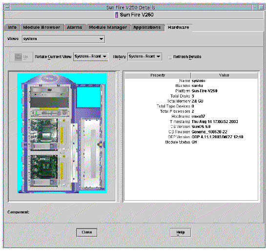Screen shot showing the front physical view for the Sun Fire V250.