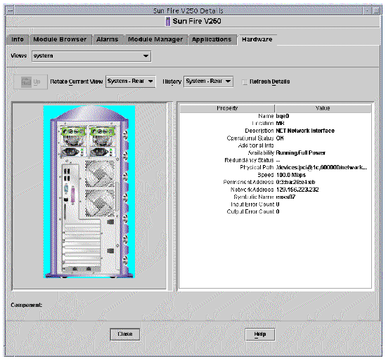 Screen shot showing the rear physical view for the Sun Fire V250.