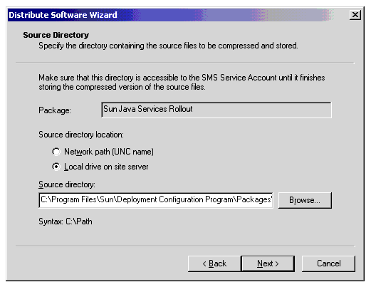 SMS Distribute Software Wizard: Source Directory Screen