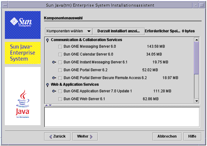 Beispiel-Bildschirmabbildung der Seite „Komponentenauswahl“ des Installationsprogramms, auf der die Option „Komponenten w�hlen“ ausgew�hlt ist.