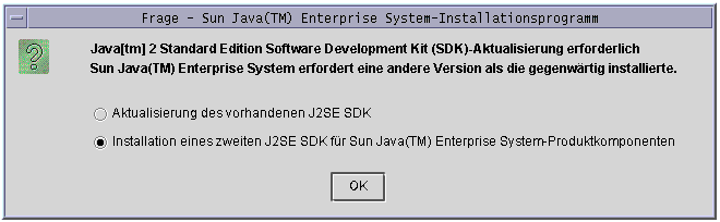 Beispiel-Bildschirmabbildung des Best�tigungsdialogfelds des Installationsprogramms hinsichtlich der Aktualisierung oder Installation einer zweiten J2SE(tm).