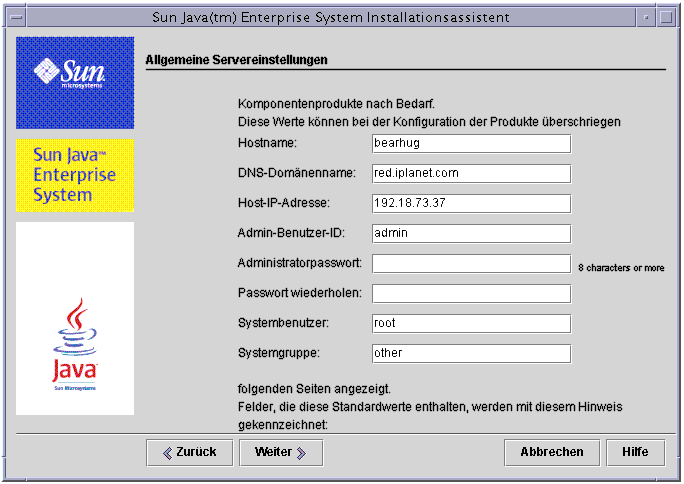 Beispiel-Bildschirmabbildung der Seite „Allgemeine Servereinstellungen“ des Installationsprogramms.