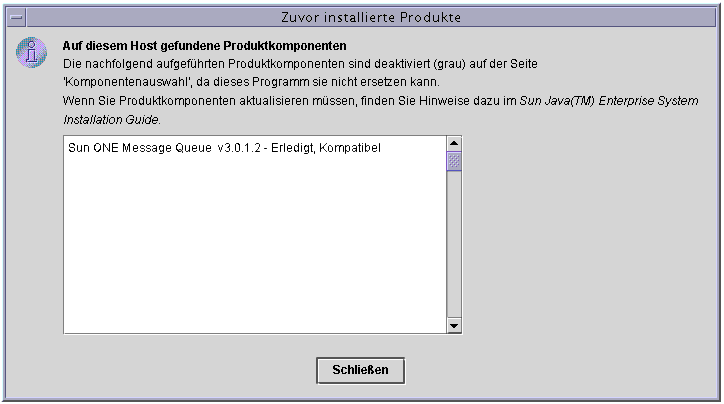 Beispiel-Bildschirmabbildung des Fensters „Zuvor installierte Produkte“ des Installationsprogramms. Hieraus geht der jeweilige Kompatibilit�tsgrad hervor.