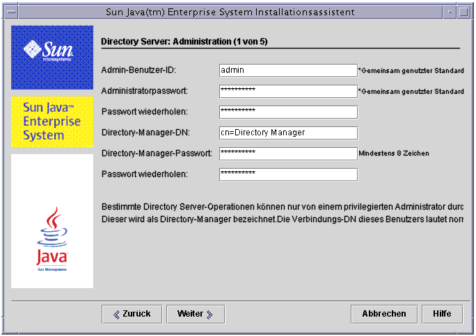 Beispiel-Bildschirmabbildung der Seite „Directory Server: Administration (1 von 5)“.
