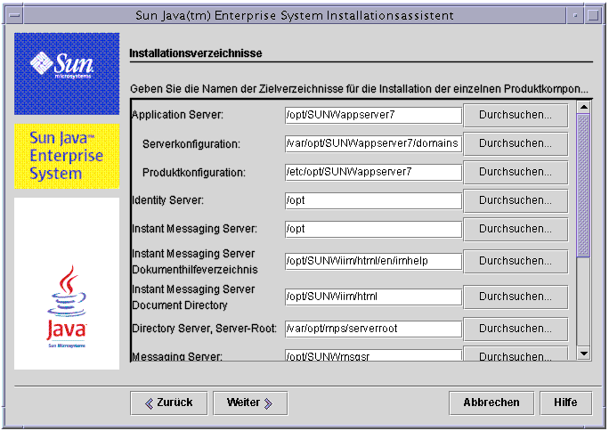Beispiel-Bildschirmabbildung der Seite „Installationsverzeichnisse“ des Installationsprogramms.