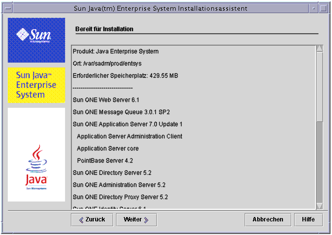 Beispiel-Bildschirmabbildung der Seite „Bereit f�r Installation“ des Installationsprogramms.