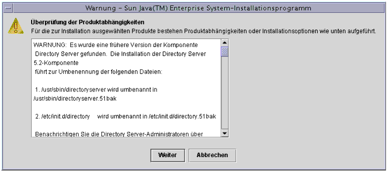 Beispiel-Bildschirmabbildung des Fensters „�berpr�fung der Produktabh�ngigkeiten“ des Installationsprogramms.