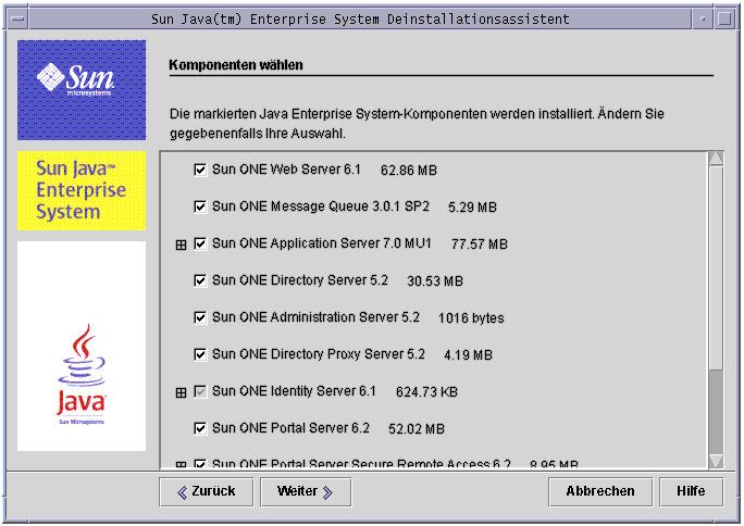 Abbildung des Bildschirms „Komponenten w�hlen“ des Deinstallationsprogramms.