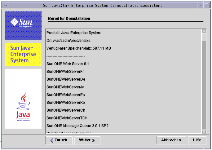 Abbildung des Bildschirms „Bereit f�r Deinstallation“ des Deinstallationsprogramms.