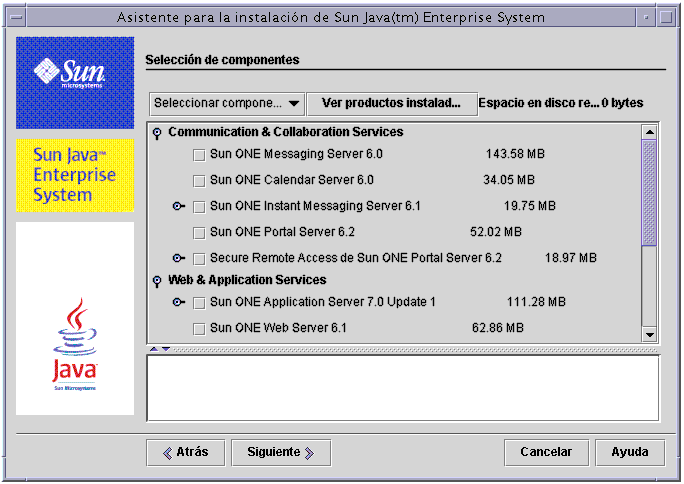 Captura de pantalla de ejemplo de la p�gina “Selecci�n de componentes” del programa de instalaci�n con la opci�n “Seleccionar componentes” seleccionada.