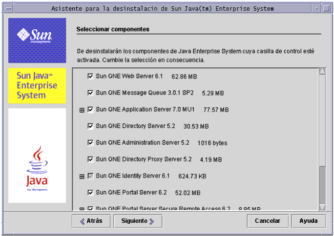 Captura de la pantalla de selecci�n de componentes del programa de desinstalaci�n.