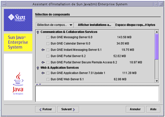 Capture d'�cran de la page S�lection de composants du programme d'installation avec l'option S�lection de composants s�lectionn�e