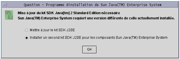 Capture d'�cran de la bo�te de dialogue de confirmation de mise � niveau ou d'installation d'un second composant J2SE(tm) du programme d'installation.