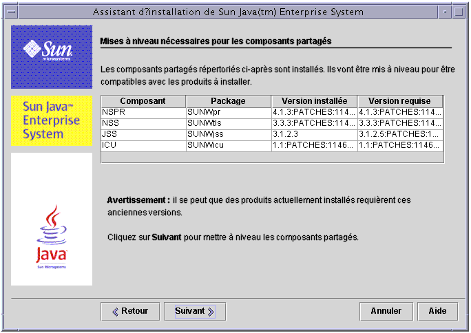 Capture d'�cran de la page Mise � jour des composants partag�s requise du programme d'installation. Compare les versions install�es et les versions requises.