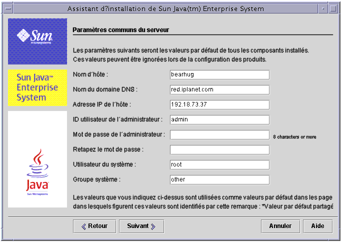 Capture d'�cran de la page Param�tres communs du serveur du programme d'installation.