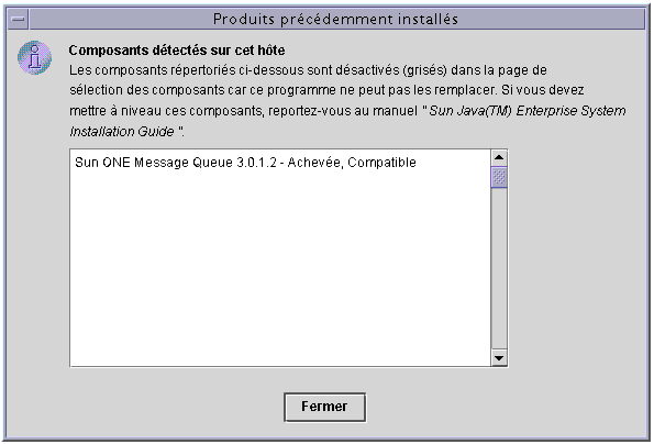 Capture d'�cran de la fen�tre des produits pr�c�demment install�s du programme d'installation. Indique les niveaux de compatibilit�.