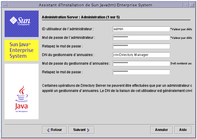 Capture d'�cran de la page Directory Server du programme d'installation. Administration (1 sur 5)