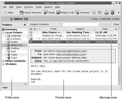 Typical Inbox window. Callouts: Folder pane, Message pane, Preview pane.
