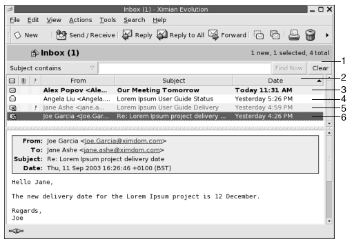 Inbox with message pane and preview pane. Callouts: 1, 2, 3, 4, 5, 6.