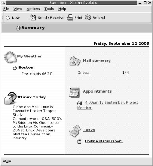 Summary window. Contains two columns. Left column contains weather and news information. Right column contains Mail summary, Appointments, and Tasks.