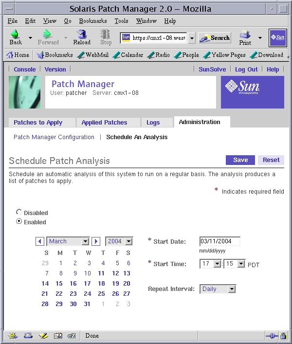 Shows the Schedule An Analysis section of the Patch Manager Administration
page.