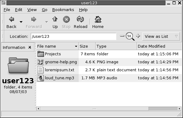 Ordner in einem Dateimanager-Fenster; Inhalt in der Listenansicht.