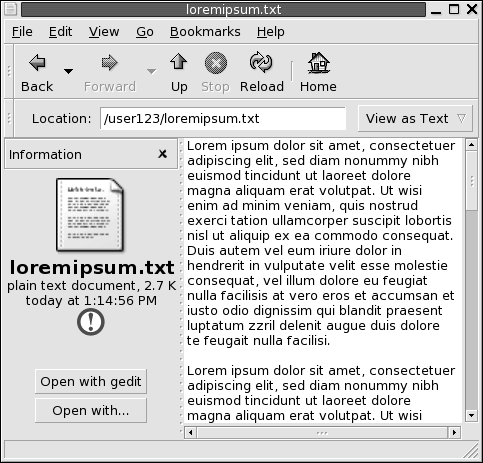 Dateimanager-Fenster mit Textdatei im Ansichtsteilfenster. Das Seitenteilfenster enthält: Dateisymbol, Dateiangaben, Dateiemblem, "Öffnen mit gedit", "Öffnen mit"-Schaltflächen.
