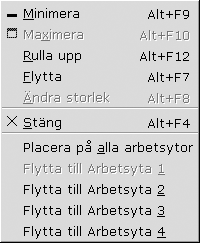Fönster-menyn. Menyobjekten Minimera, Maximera, Skugga, Flytta, Ändra storlek, Stäng, Placera på alla arbetsytor, Flytta till arbetsytenamn.
