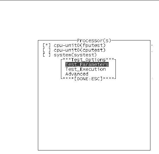 Screenshot of the SunVTS TTY Test_Options menu. Test_Parameters, Test_Execution, and Advanced are the options displayed in the menu.