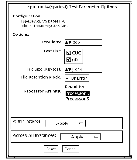 Screenshot of the cputest Test Parameter Options dialog box.