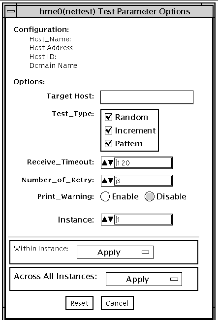 Screenshot of the nettest Test Parameter Options dialog box.