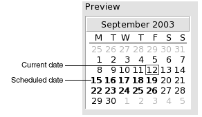 Typical Preview section. Callouts: Current date, Scheduled date