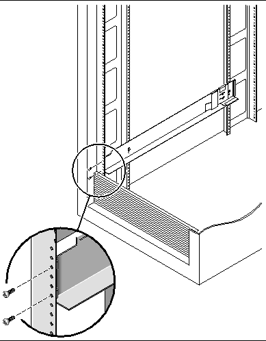 Figure showing location of the screws in the front of the left rail.