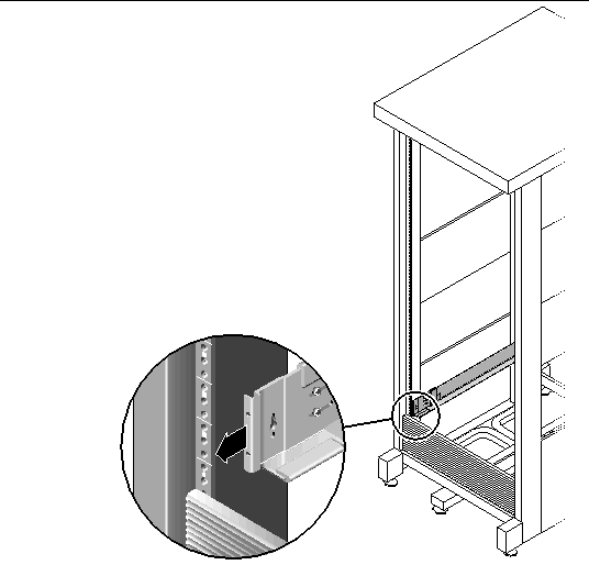 Figure showing the rail extension flange positioned over the vertical cabinet rail.