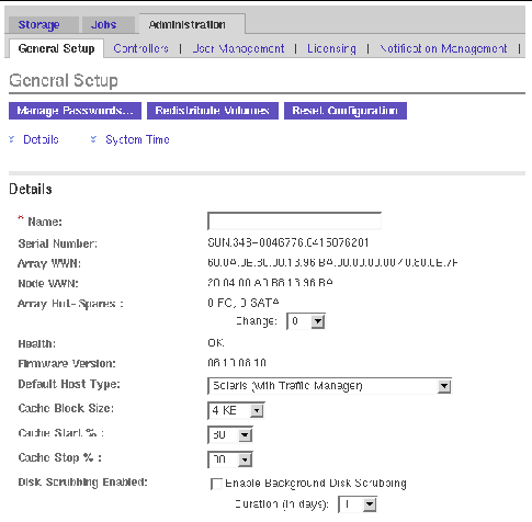 Screen capture of the General Setup page showing information about the array. 