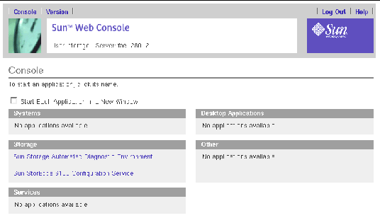 Screen capture showing the Sun Web Console page.