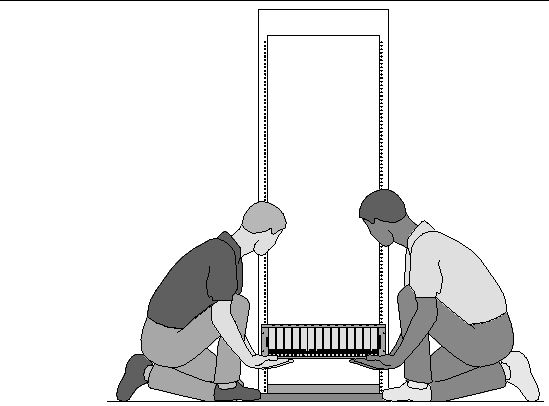 Figure showing one person at each side of the 2-post rack. 