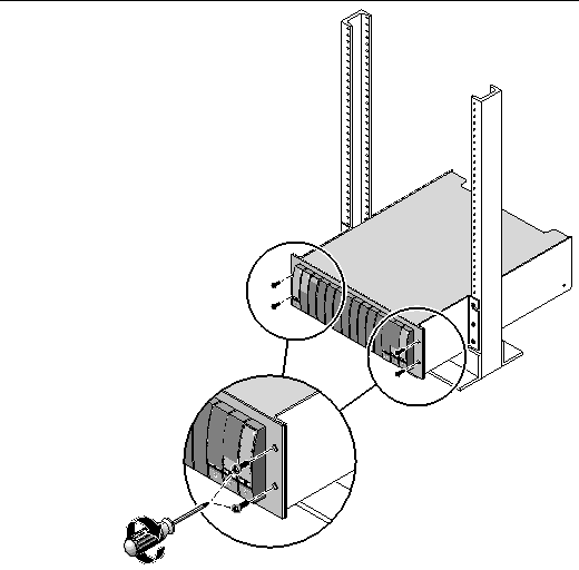 Figure showing the screws used to secure the array to the front of the rack.