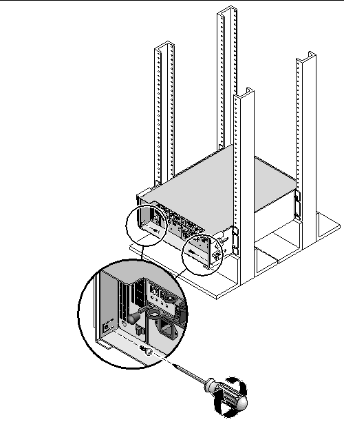 Figure showing the screws used to secure the array to the back of the 4-post rack.