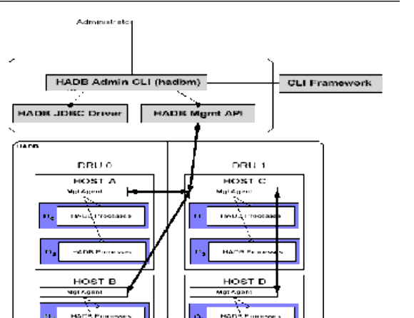 HADB with two DRUs, each with two active nodes and one spare node.