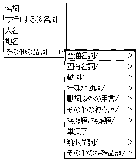 「単語品詞」メニューを表示しています。普通名詞、固有名詞、動詞などの選択項目があります。