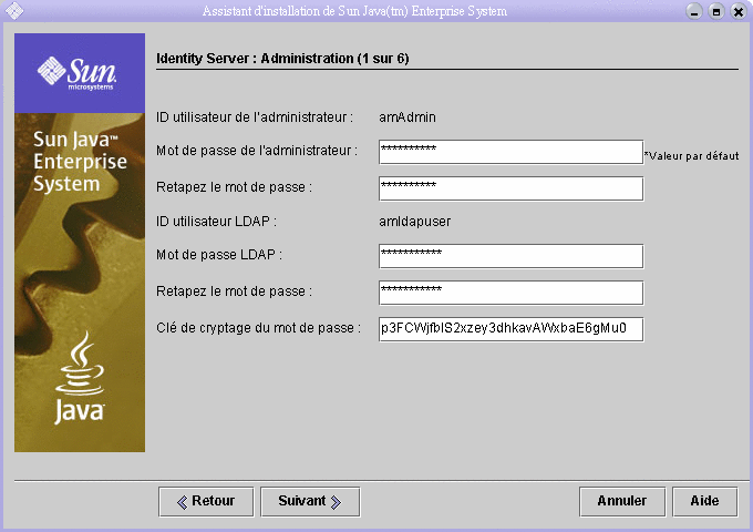 Capture d'�cran affichant des ast�risques dans les zones de texte Mot de passe de l'administrateur et Mot de passe LDAP afin de prot�ger vos mots de passe, comme indiqu� dans ce document.