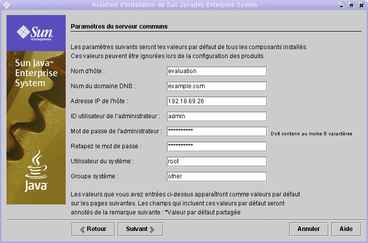 Capture d'�cran illustrant les zones de texte avec les valeurs requises pour l'ordinateur sur lequel vous effectuez l'installation, comme expliqu� dans le texte.