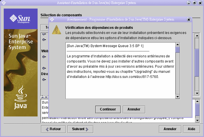 Comme le montre la capture d'�cran, la bo�te de dialogue V�rifications des d�pendances de produits s'affiche au-dessus de la page S�lection de composants.