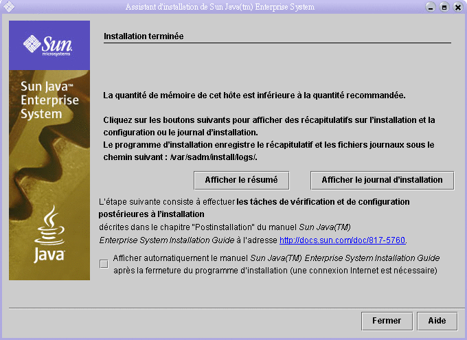 Capture d'�cran illustrant la page Installation termin�e avec l'option d'affichage automatique du guide d'installation d�s�lectionn�e.