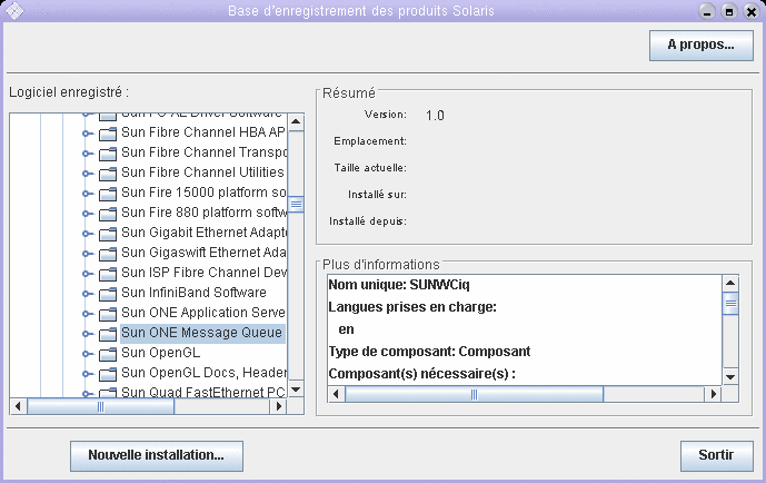 Capture d'cran indiquant le composant Sun ONE Message Queue  dsinstaller.